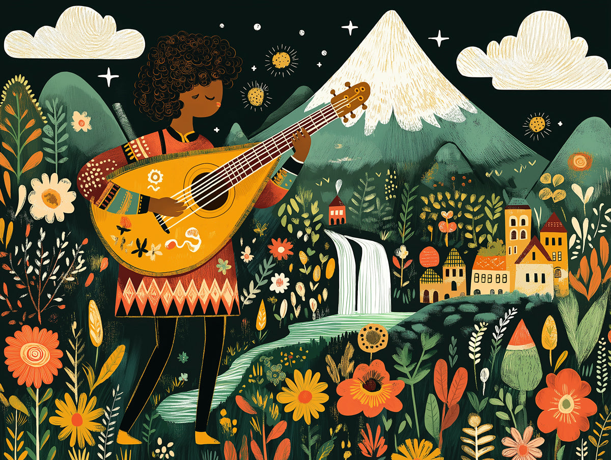 Papel tapiz mural de música artesanal | Juguetón guitarrista en un pueblo montañoso con flores 