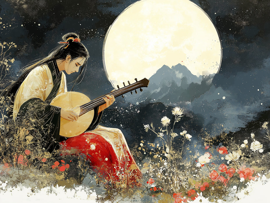 Mondlicht-Melodie-Wandbildtapete | Chinesischer Musiker spielt Pipa unter dem Vollmond 