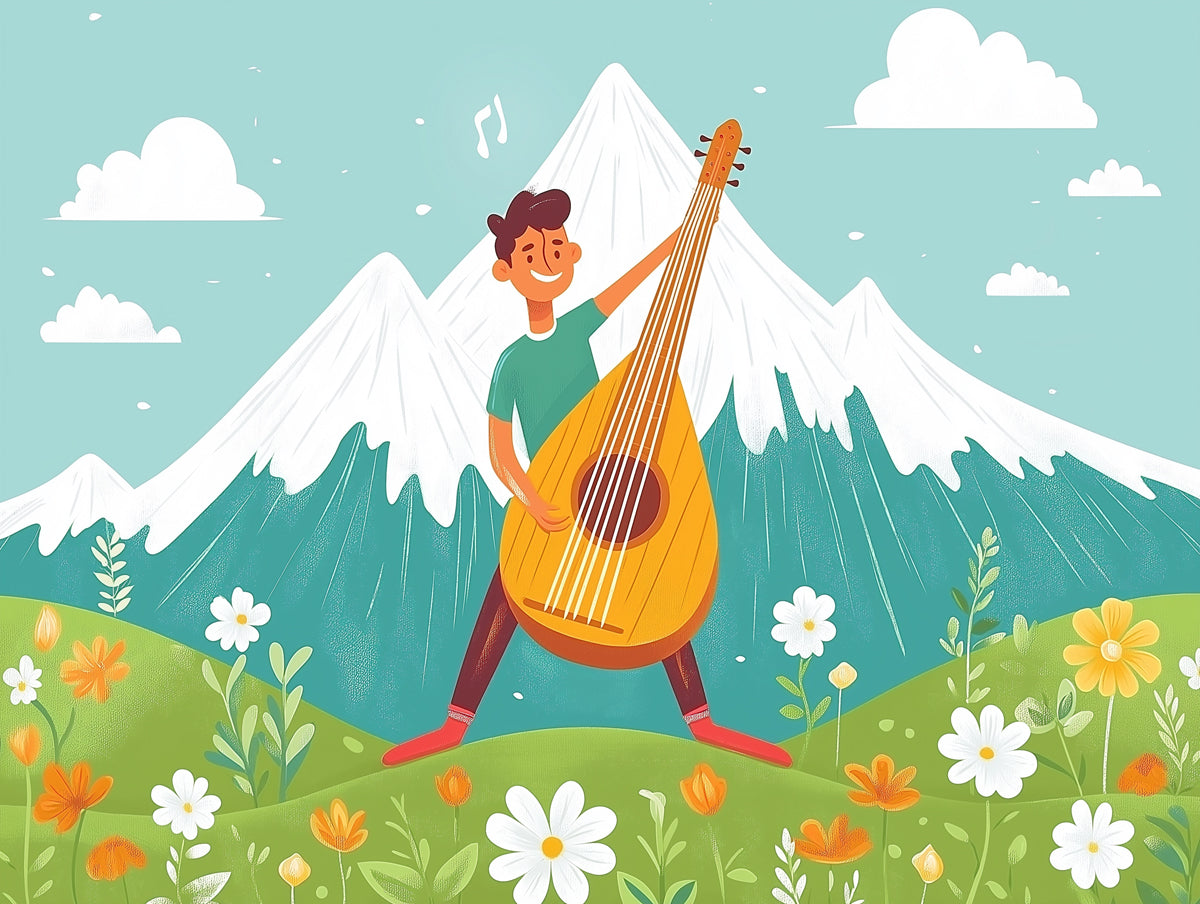Musikalisches Wandbild | Junge, der auf einer Sonnigen Blumenwiese eine Laute spielt