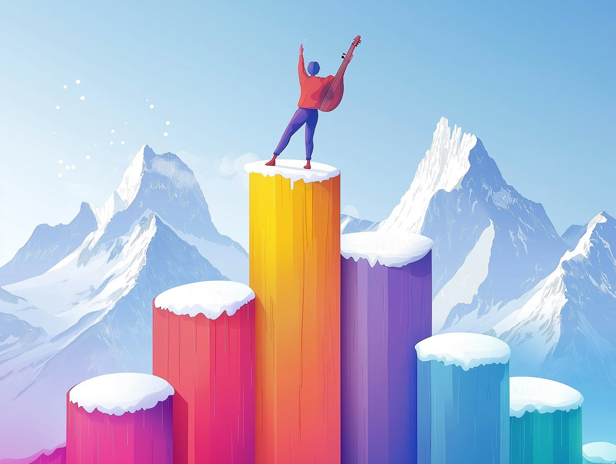 Dream Mountain Mural Wallpaper | Guitarist on Rainbow Peaks and Snowy Summits