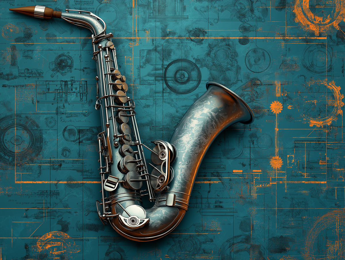Papier peint mural d'instruments de jazz | Saxophone industriel avec texture de plan
