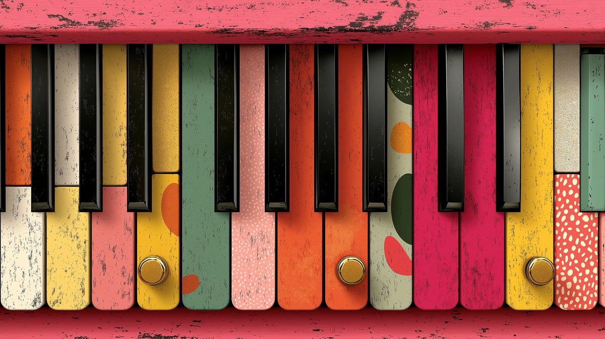 Colorful Piano Keys Mural Wallpaper | Vintage Music Wall with Abstract Patterns
