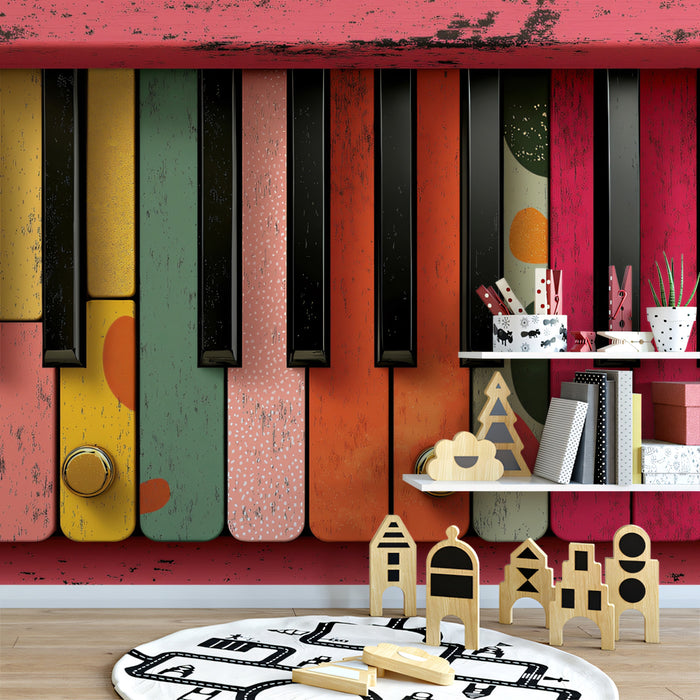 Colorful Piano Keys Mural Wallpaper | Vintage Music Wall with Abstract Patterns