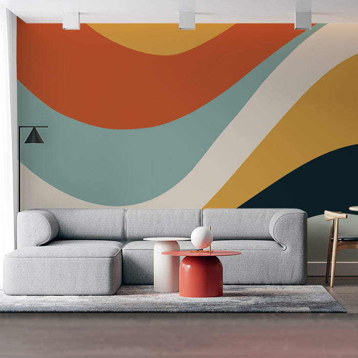 Mural de papel pintado con rayas onduladas de estilo retro en una paleta de colores orgánicos de mediados de siglo.