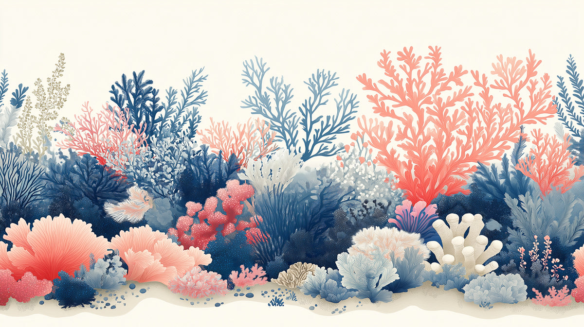 Coral Reef Mural Wallpaper in Cafe | Blue, Pink, and White Corals
