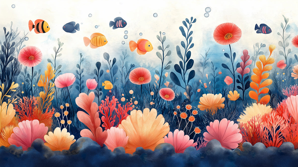 Coral Reef Mural Wallpaper in Dining Room or Kid's Room | Blue, Pink, and White Corals -1