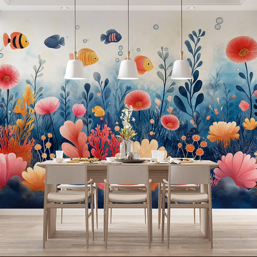 Coral Reef Mural Wallpaper in Cafe | Blue, Pink, and White Corals -1