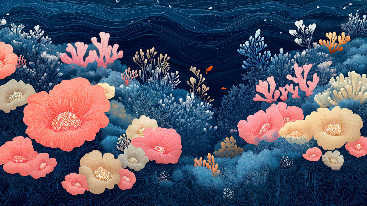 Coral Reef Mural Wallpaper in Dining Room or Kid's Room | Blue, Pink, and White Corals -2