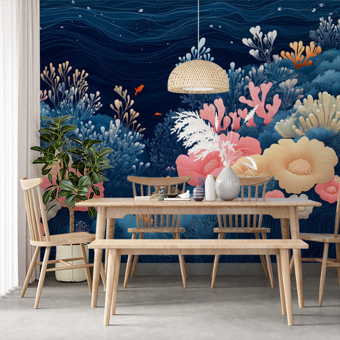 Coral Reef Mural Wallpaper in Cafe | Blue, Pink, and White Corals -2