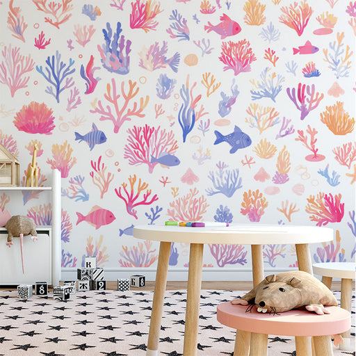 Coral Reef Mural Wallpaper in Cafe | Blue, Pink, and White Corals -3