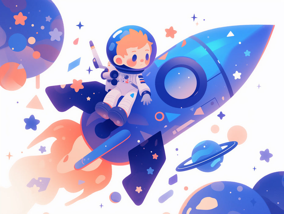 Astronaut and Rocket Mural Wallpaper in Child's Room | Blue, Purple, and Orange Astronaut and Rocket