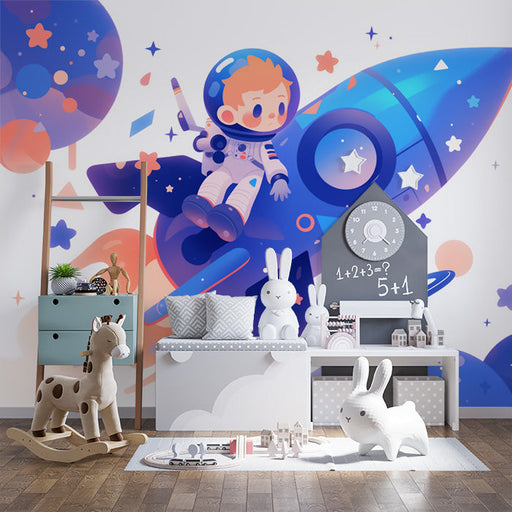 Astronaut and Rocket Mural Wallpaper in Child's Room | Blue, Purple, and Orange Astronaut and Rocket