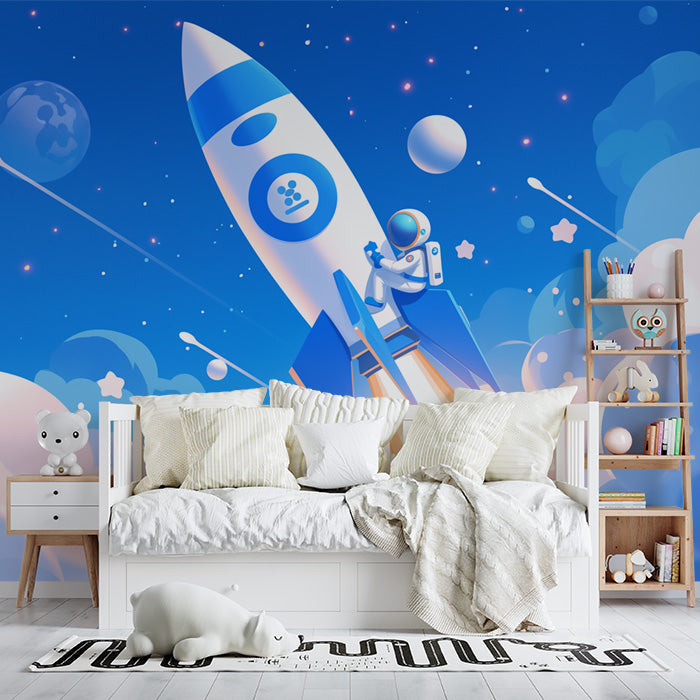 Astronaut and Rocket Mural Wallpaper in Child's Room | Blue, Purple, and Orange Astronaut and Rocket -2