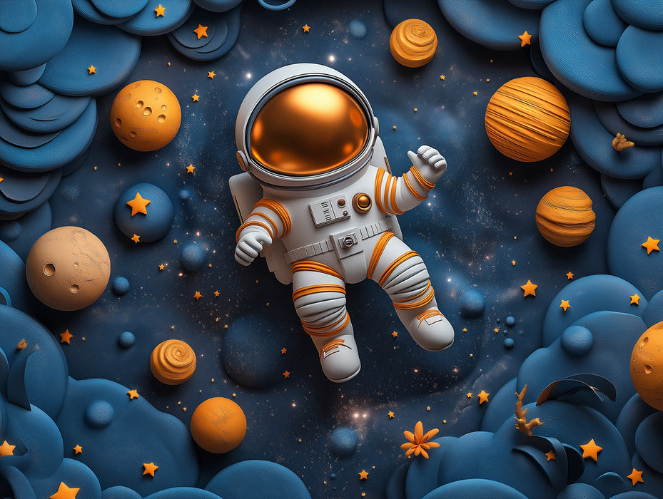 Astronaut in Space Mural Wallpaper in Child's Room | Blue, Orange, and Yellow Astronaut