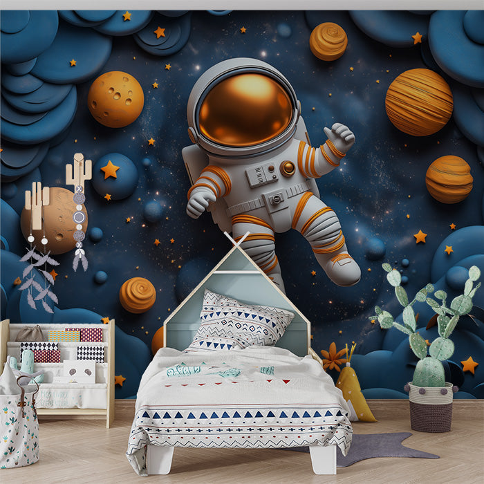 Astronaut in Space Mural Wallpaper in Child's Room | Blue, Orange, and Yellow Astronaut