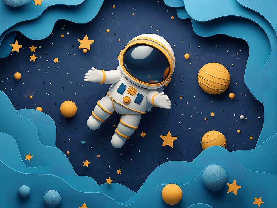Carta da parati murale astronauta nello spazio in camera da letto per bambini | Astronauta blu, arancione e giallo -1 