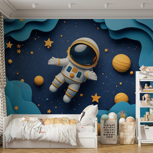 Astronaut in Space Mural Wallpaper in Child's Room | Blue, Orange, and Yellow Astronaut -1