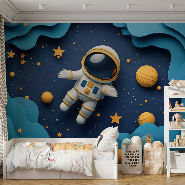 Astronaut in Space Mural Wallpaper in Child's Room | Blue, Orange, and Yellow Astronaut -1