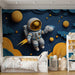 Astronaut in Space Mural Wallpaper in Child's Room | Blue, Orange, and Yellow Astronaut -2