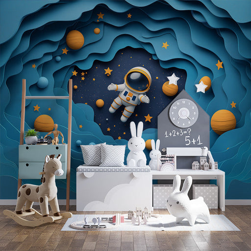 Astronaut in Space Mural Wallpaper in Child's Room | Blue, Orange, and Yellow Astronaut -3