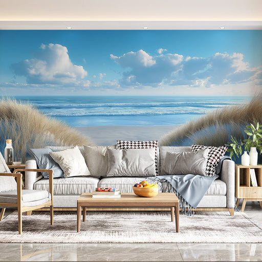 Beach Scene Mural Wallpaper in Living Room | Blue, White, and Beige Beach and Sky