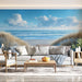 Beach Scene Mural Wallpaper in Living Room | Blue, White, and Beige Beach and Sky