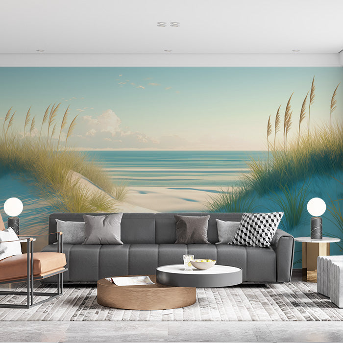 Beach Scene Mural Wallpaper in Living Room | Blue, White, and Beige Beach and Sky -5