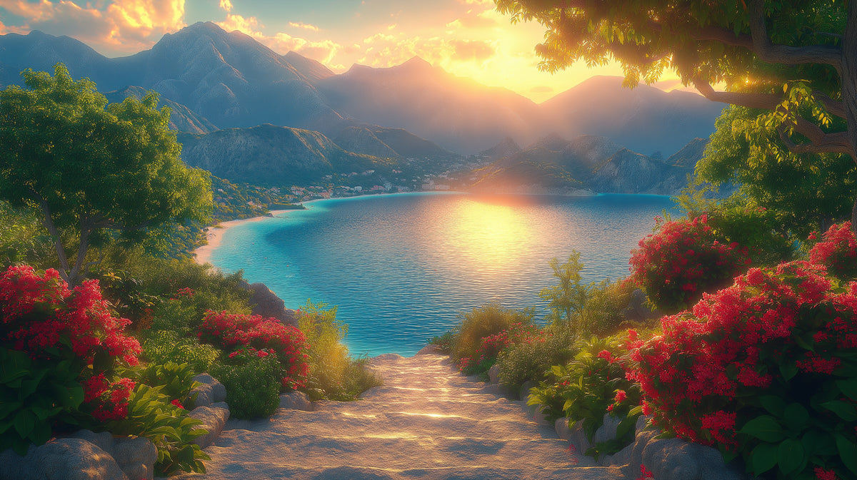 Berg- und Seeuntergangsmalerei Wandbild für Wohnzimmer | Grün, Blau, Rot und Gelb Berg und See