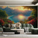 Mountain and Lake Sunset Mural Wallpaper in Living Room | Green, Blue, Red, and Yellow Mountain and Lake