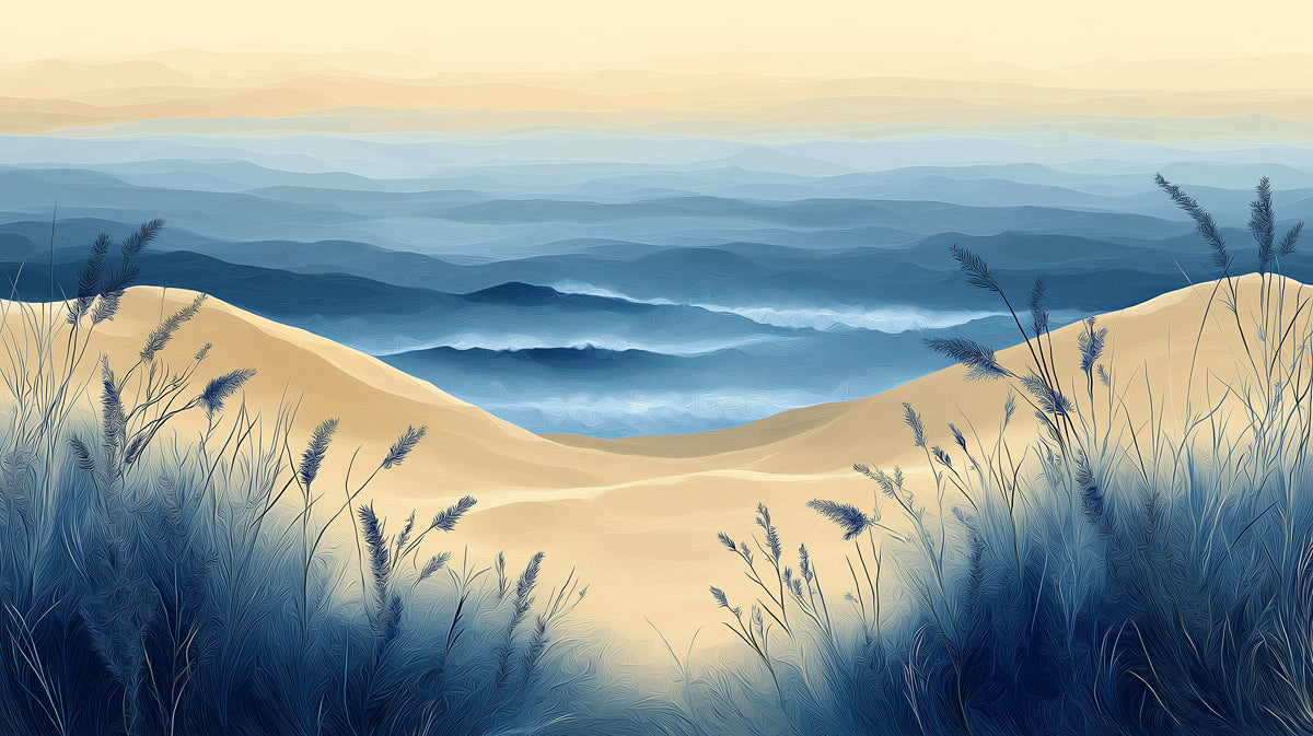 Carta da parati murale con scena di spiaggia in soggiorno | Blu, bianco e beige spiaggia e cielo -1 