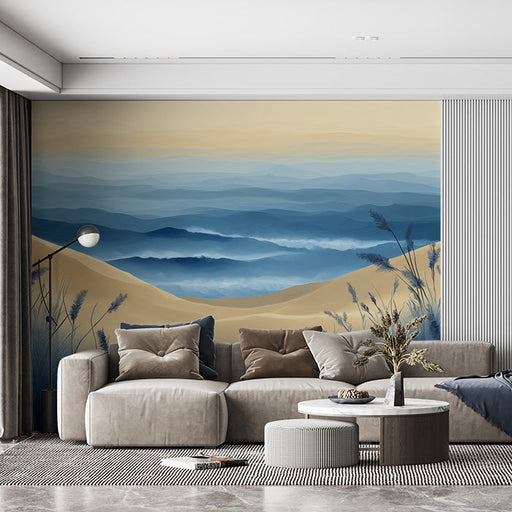 Beach Scene Mural Wallpaper in Living Room | Blue, White, and Beige Beach and Sky -1