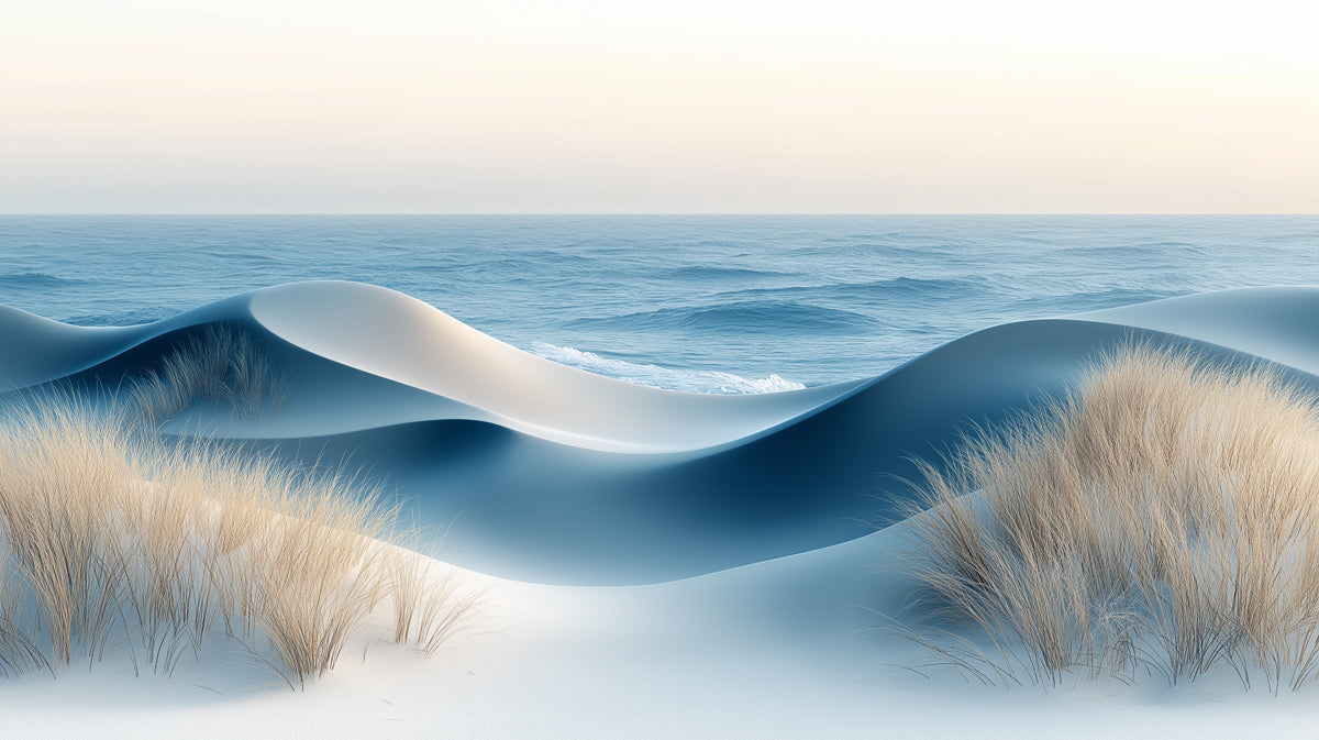 Carta da parati murale con scena di spiaggia in soggiorno | Blu, bianco e beige spiaggia e cielo -2 