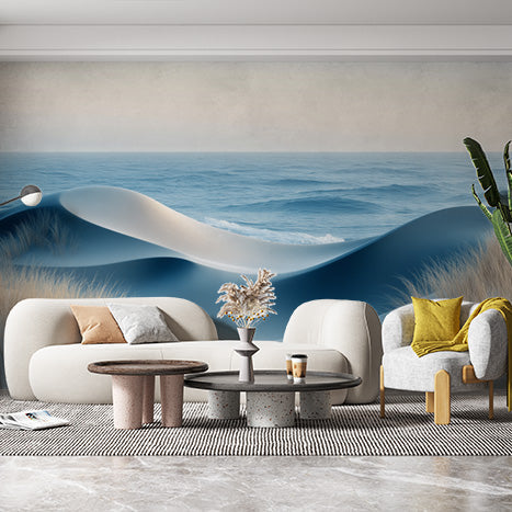 Beach Scene Mural Wallpaper in Living Room | Blue, White, and Beige Beach and Sky -2