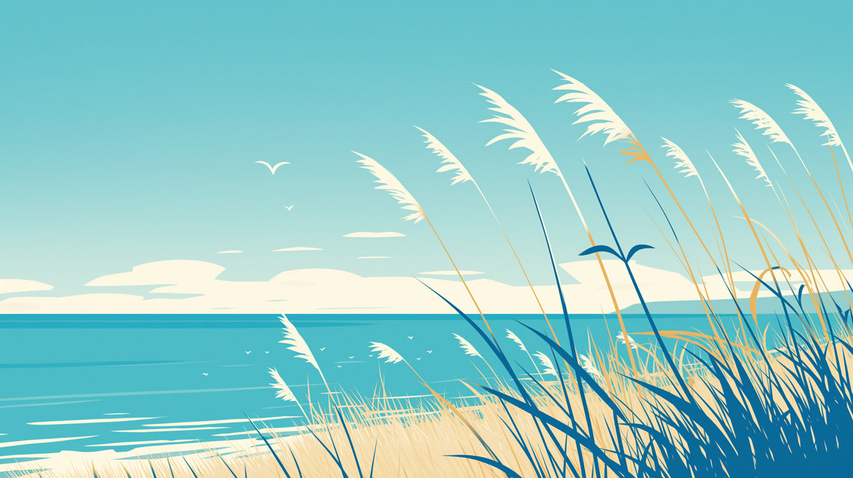 Carta da parati murale con scena di spiaggia in soggiorno | Blu, bianco e beige spiaggia e cielo -3 