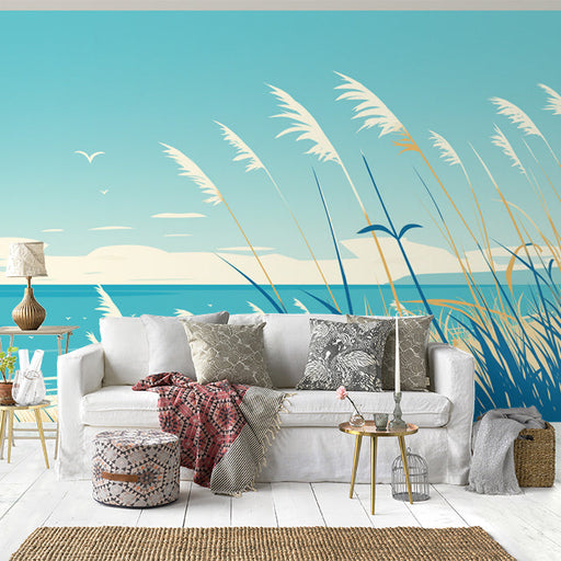 Beach Scene Mural Wallpaper in Living Room | Blue, White, and Beige Beach and Sky -3