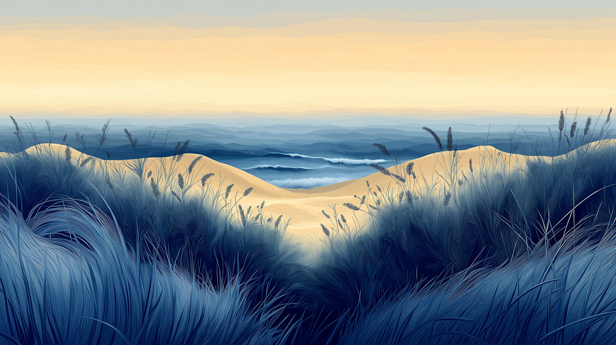 Carta da parati murale con scena di spiaggia in soggiorno | Blu, bianco e beige spiaggia e cielo -4 