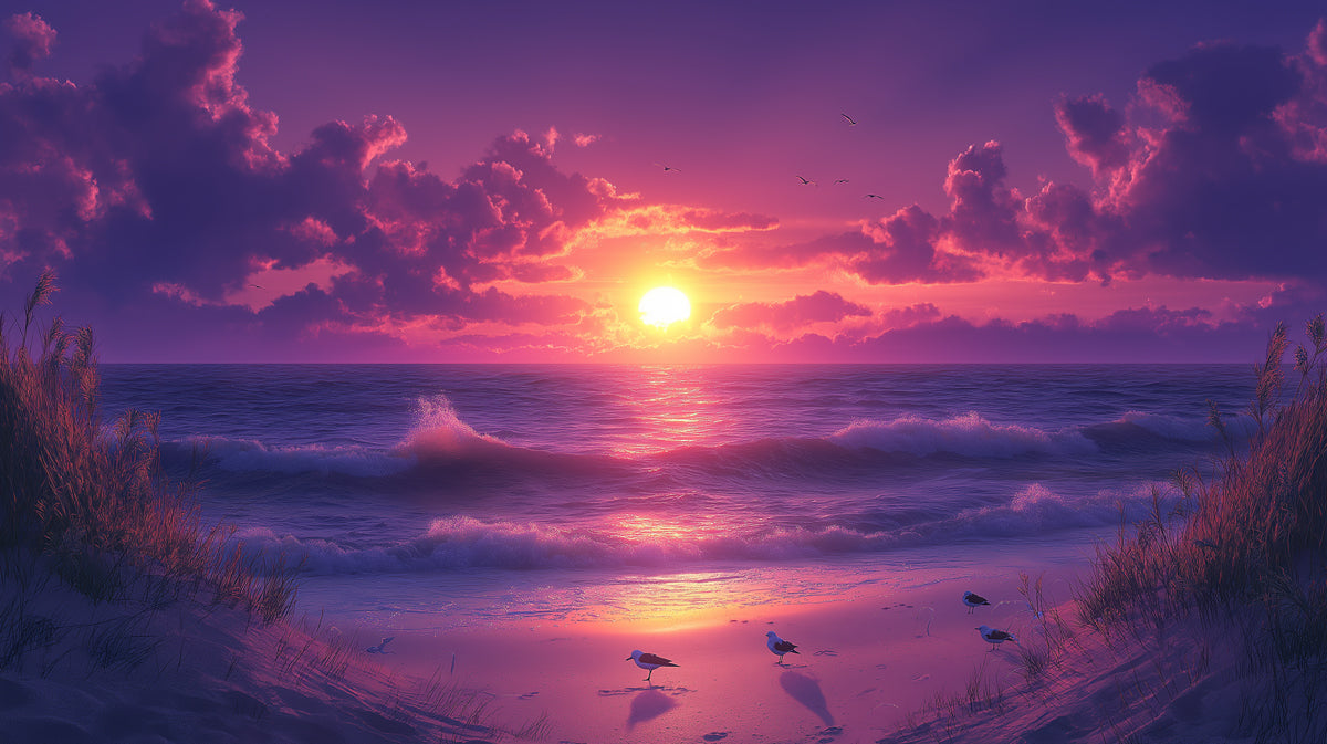 Sunset Radiance Mural Wallpaper | Purple Sky & Fiery Ocean Glow  in Living Room or a Lounge