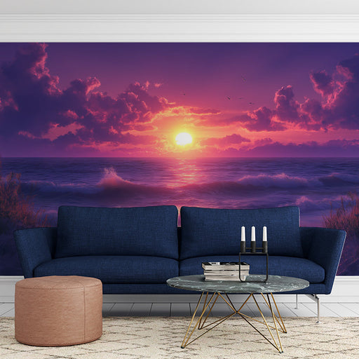 Mountain and Lake Sunset Mural Wallpaper in Living Room | Green, Blue, Red, and Yellow Mountain and Lake -1