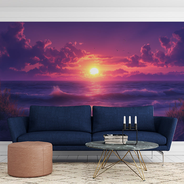 Mountain and Lake Sunset Mural Wallpaper in Living Room | Green, Blue, Red, and Yellow Mountain and Lake -1