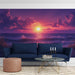 Mountain and Lake Sunset Mural Wallpaper in Living Room | Green, Blue, Red, and Yellow Mountain and Lake -1