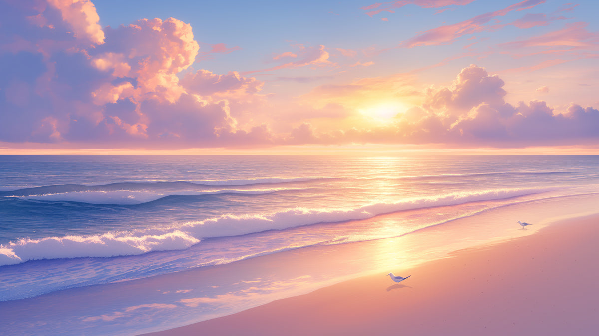 Tranquil Morning Shore Mural Wallpaper | Soft Sunrise & Pastel Beach