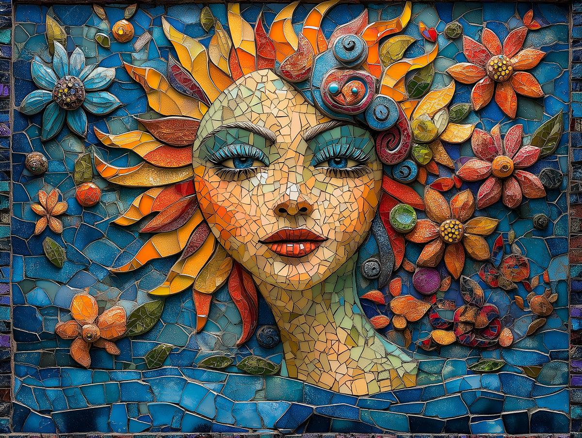 Mosaic Flower Woman Mural Wallpaper in Living Room | Various Colors (Blue, Orange, Red, etc.) of Flower Woman