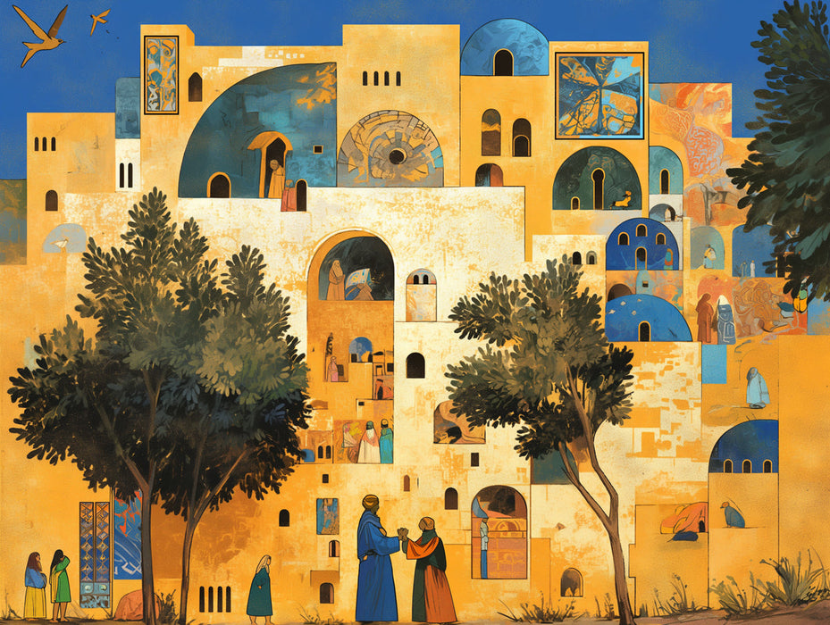 Mediterranean Village Mural Wallpaper in Living Room | Various Colors (Yellow, Blue, Green, etc.)