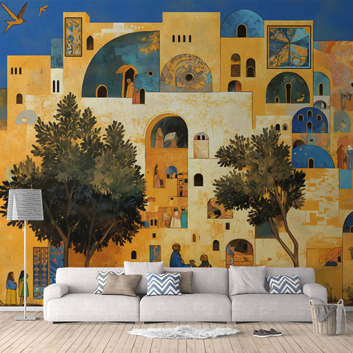 Mediterranean Village Mural Wallpaper in Living Room | Various Colors (Yellow, Blue, Green, etc.)