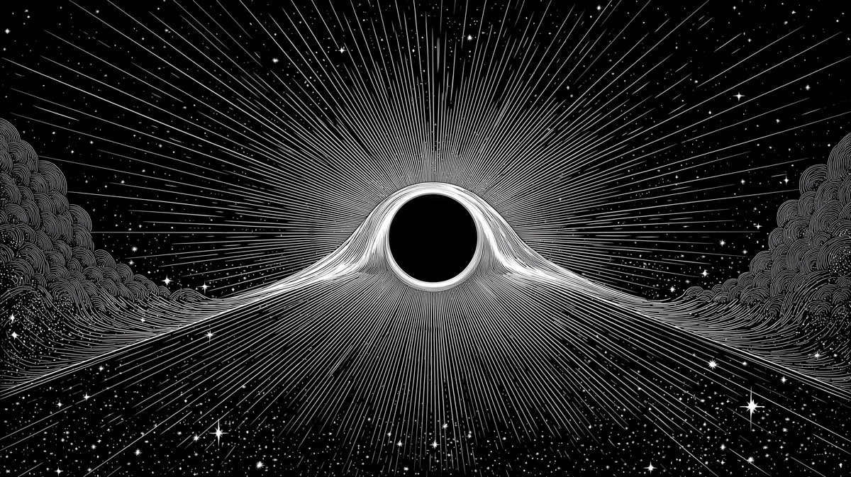 Extreme Gravity Black Hole Illustration Mural | Cosmic Distortion, Engraved Starlight, Monochrome