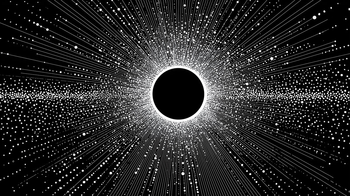 Concentric Light Burst Black Hole Mural | Particle Field, Radial Data Flow, High-Contrast Abstract