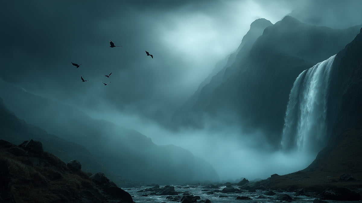 Moody Waterfall Valley Mural Wallpaper | Cinematic Atmosphere, Misty Blue-Gray Tones, Dark Landscape