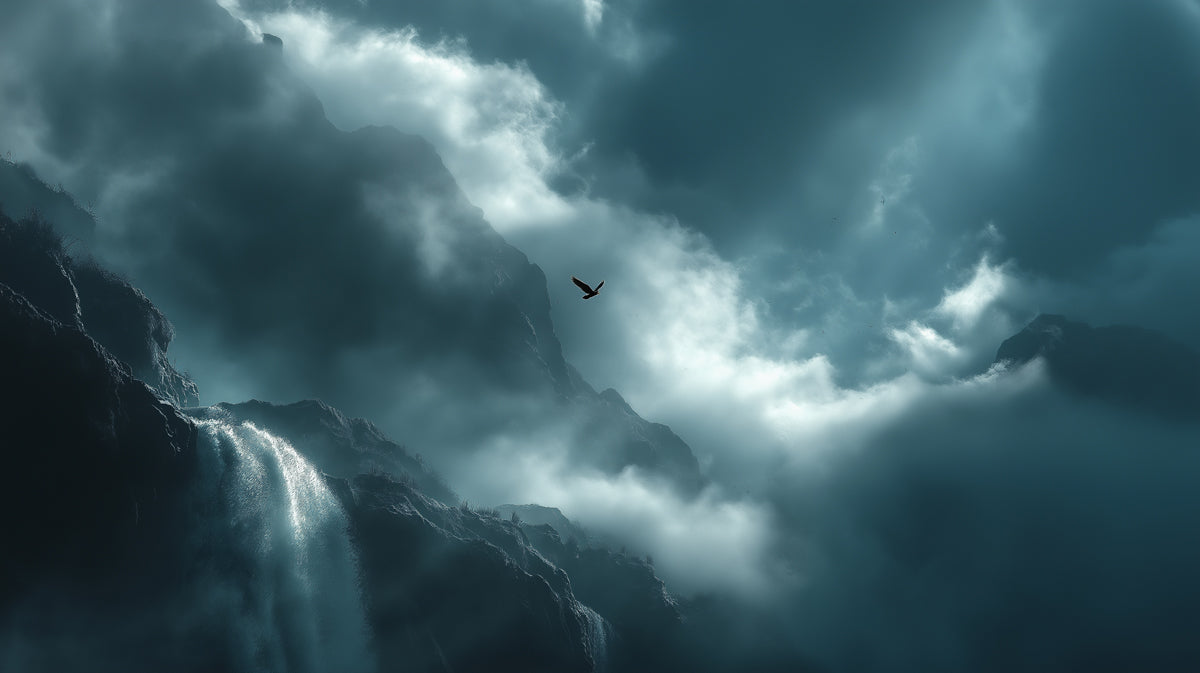 Ethereal Mountain Waterfall and Cloud Mural Wallpaper | Dark Teal Hues, Solo Bird, Vertical Perspective