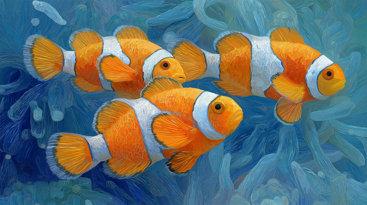 Impasto Clownfish and Blue Anemone Mural Wallpaper | Textured Painting, Focus on Movement, Cool Tones