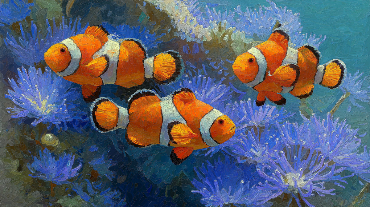 Impressionist Clownfish and Purple Coral Mural Wallpaper | Loose Brushwork, Warm Tones, Underwater Bloom